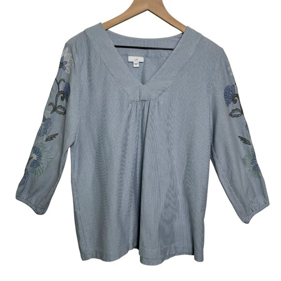 J. Jill Blue Striped Floral Embroidered Top Sz Small Cotton Coastal 3/4 Sleeve - Picture 1 of 11